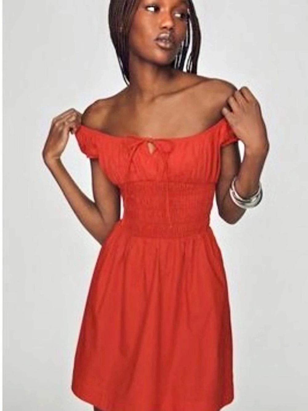 Anthropologie off-the-shoulder smocked mini dress Red Smocked Mini Dress Size S